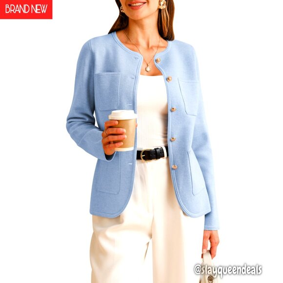 Wool Blend Sweater Blazer with Pockets Business Casual Jacket Lightweight